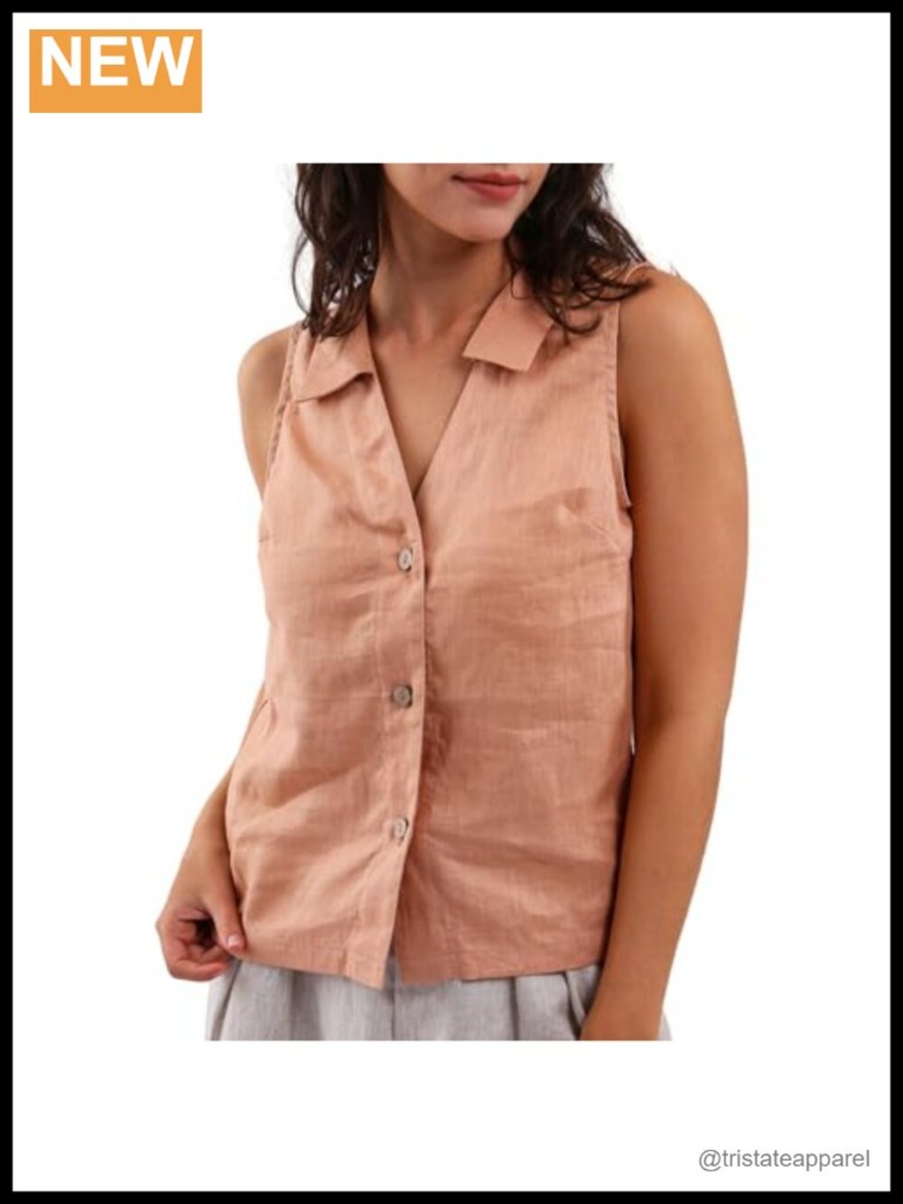 100% Linen Sleeveless Button-Down Vest Relaxed Fit Summer